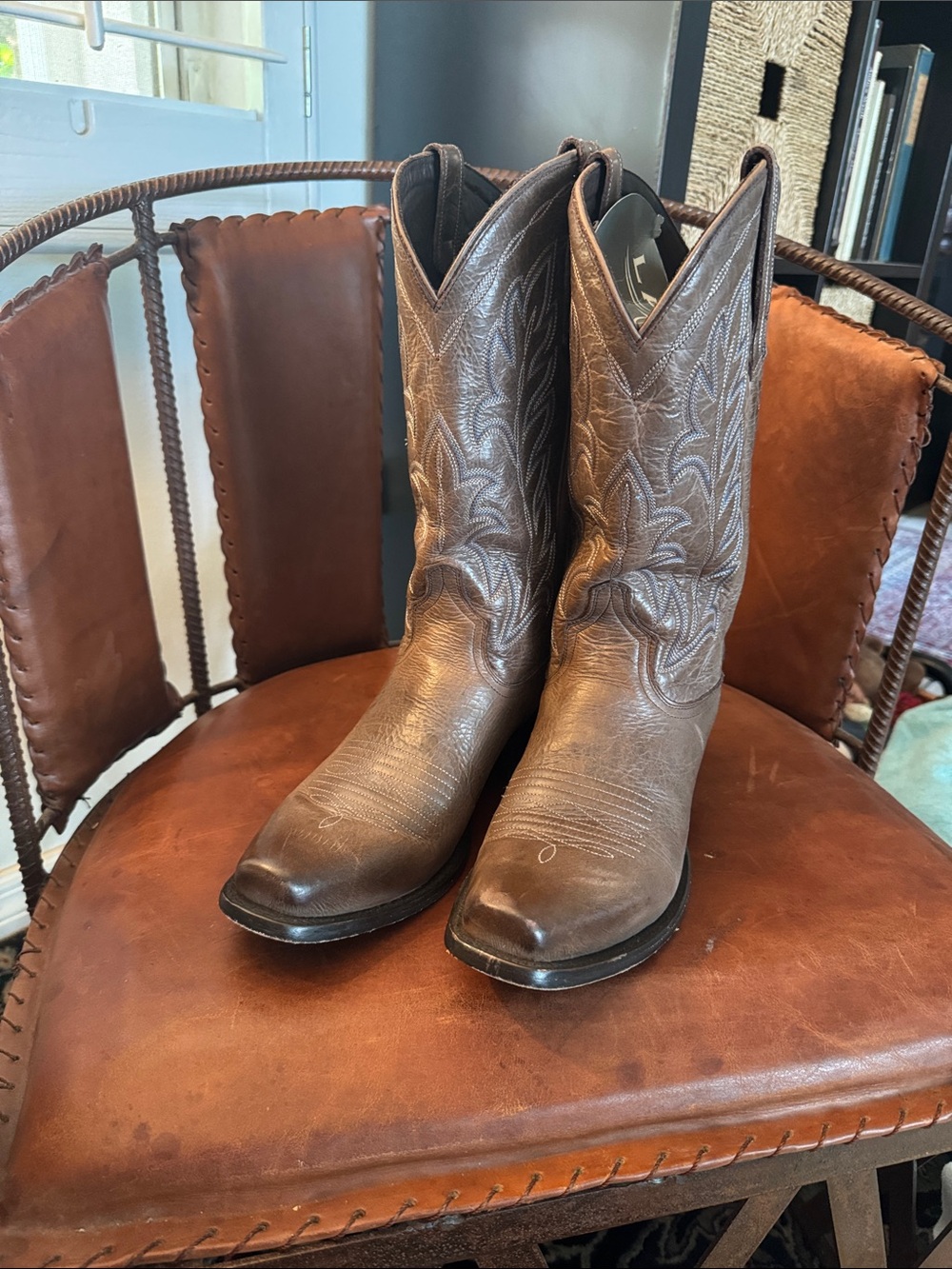 Men's Brown Western Cowboy Boots with Embroidered Shaft